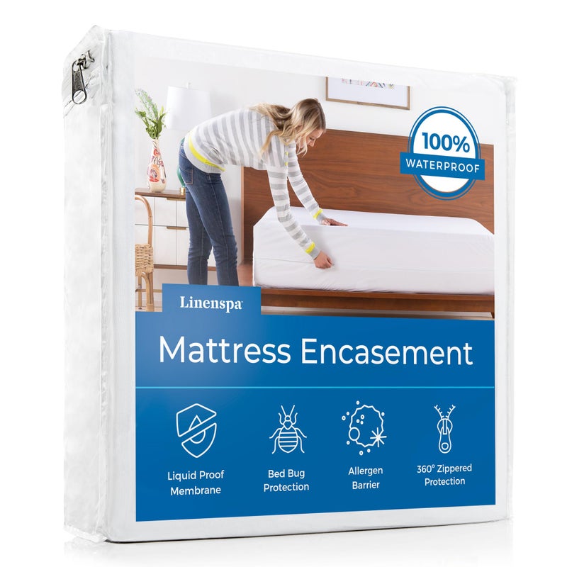 Linenspa Zippered Mattress Encasement â€“ California King Size Waterproof Mattress Protector â€“ Quiet Cover & Complete protection â€“ Dorm Room Essentials, White - Image 1