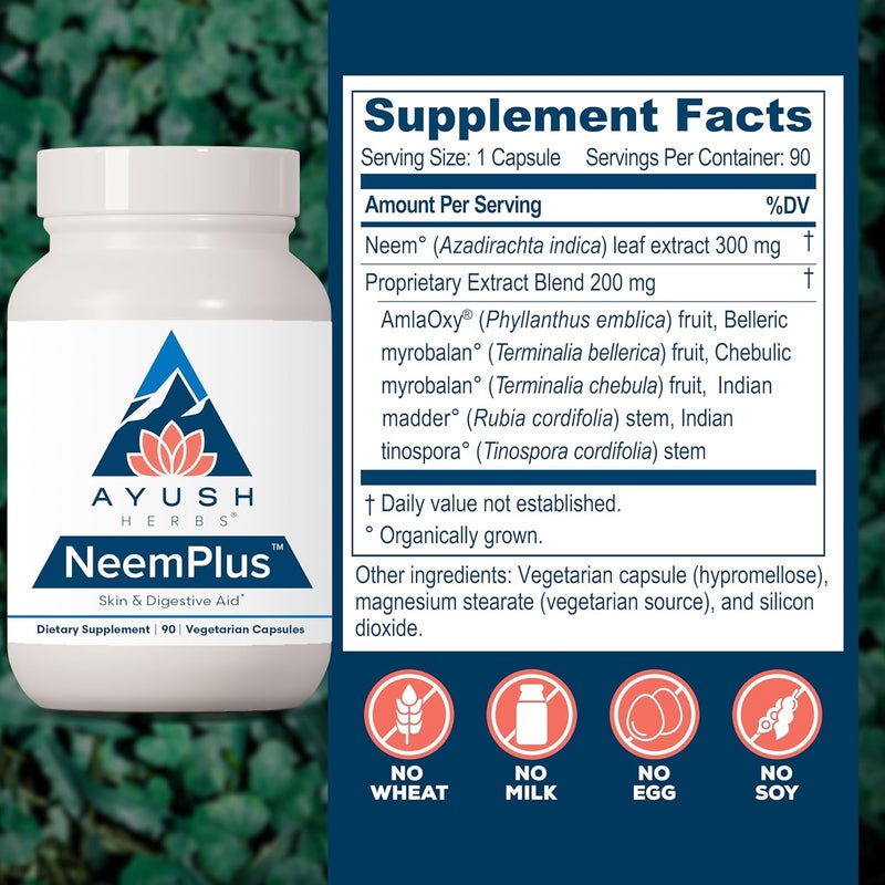 Ayush Herbs Neem Plus  Digestive Health for Women  Men Gut Support Supplement for Stomach  Skin Health Immune Support  90 Vegetarian Capsules 1 Count - Image 3