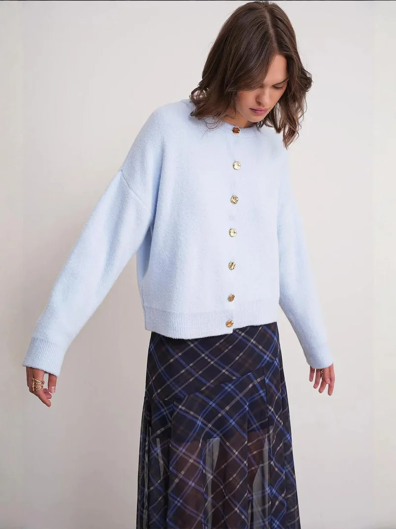Mixray Baby Blue Mixray Buttoned Ribbed Knit Cardigan for Women | Best Price UAE
