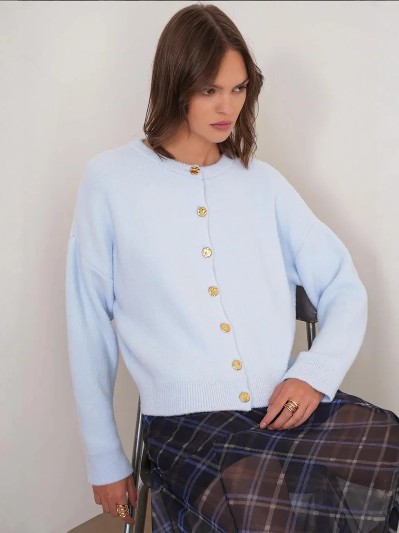 Mixray Baby Blue Mixray Buttoned Ribbed Knit Cardigan for Women | Best Price UAE