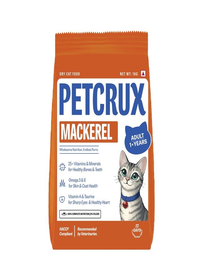 Petcrux Dry Adult Cat Food, Mackerel Fish Flavor, with Omega 3 & 6 and Taurine, Complete & Balanced Nutrition for Adult Cats, 1 kg - Image 1