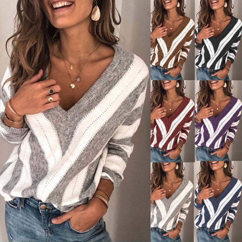 Women's V-Neck Long Sleeve Loose Fit Knit Sweater Casual Office Wear - Image 1