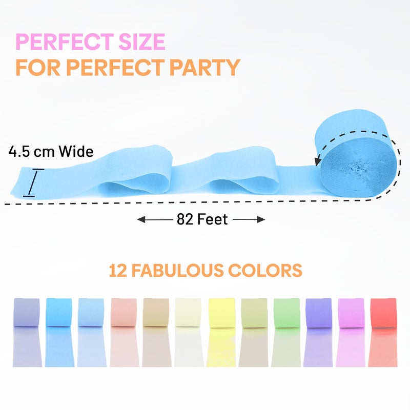Captain Decor 12 Crepe Paper Streamers Rolls, 656ft Pack of Unique 12 Pastel Streamers for Party Decorations, Pastel Backdrop, Birthday Streamers, Party Streamers(1.8 inch x 82 ft/Roll) - Image 4