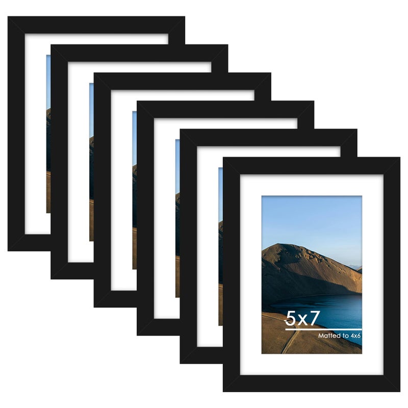 PEALSN 5x7 Picture Frame Set of 6 Display Pictures 4 x 6 with Mat or 5 x 7 Without Mat for Wall Mounting or Table Top Display Photo Frames Collage for Wall Decor Black