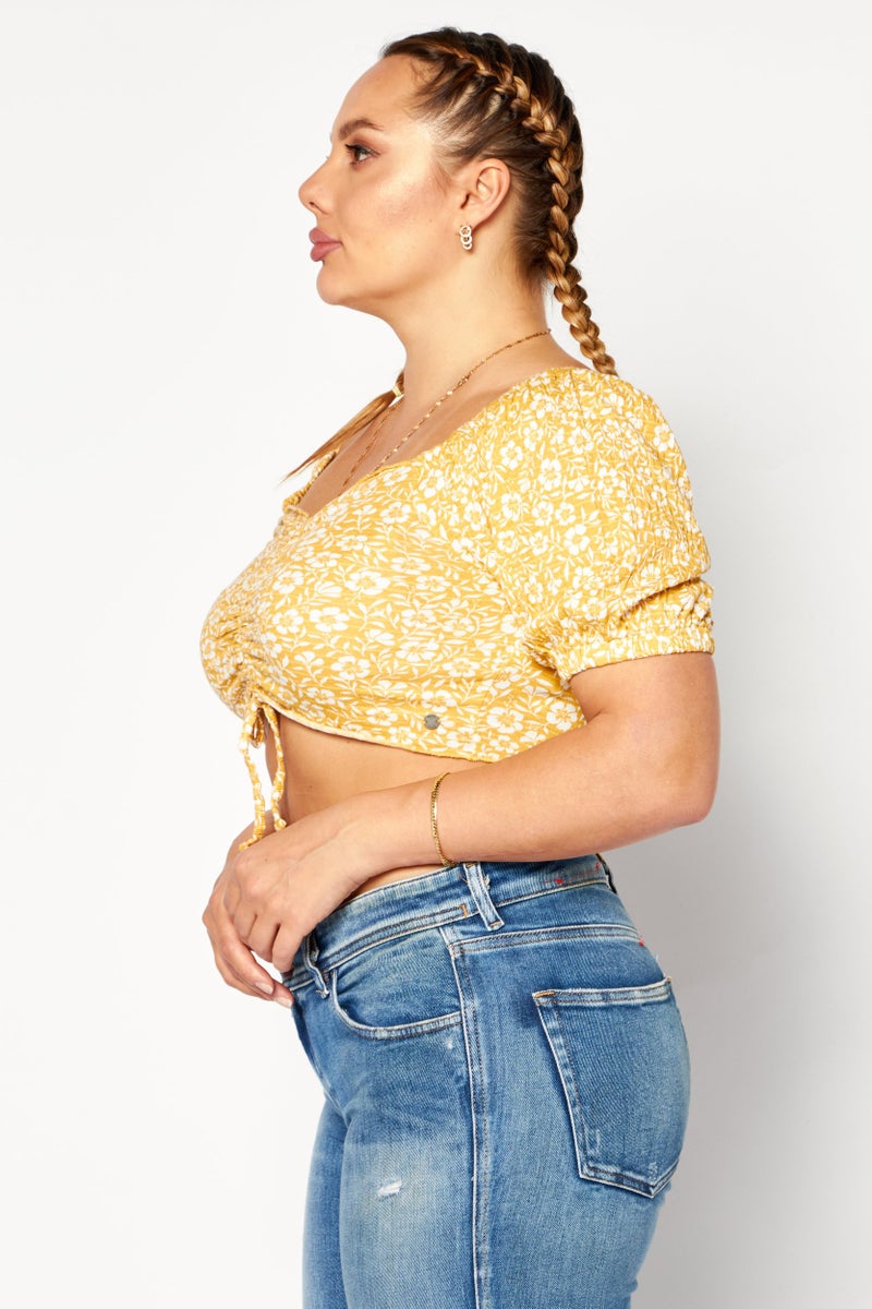 Roxy Women Square Neck Short Sleeves Floral Print Crop Top, Yellow Combo - Image 3