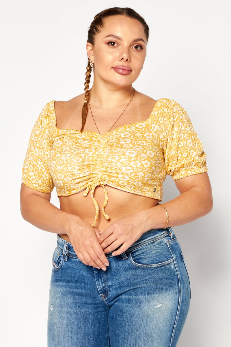 Roxy Women Square Neck Short Sleeves Floral Print Crop Top, Yellow Combo - Image 1