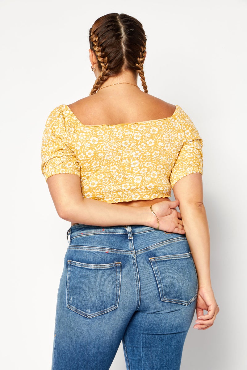 Roxy Women Square Neck Short Sleeves Floral Print Crop Top, Yellow Combo - Image 4