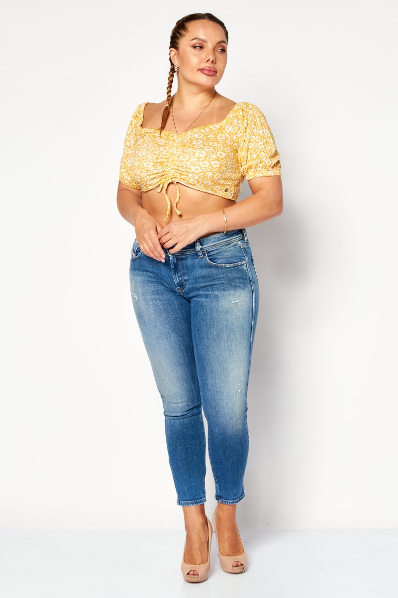 Roxy Women Square Neck Short Sleeves Floral Print Crop Top, Yellow Combo - Image 2