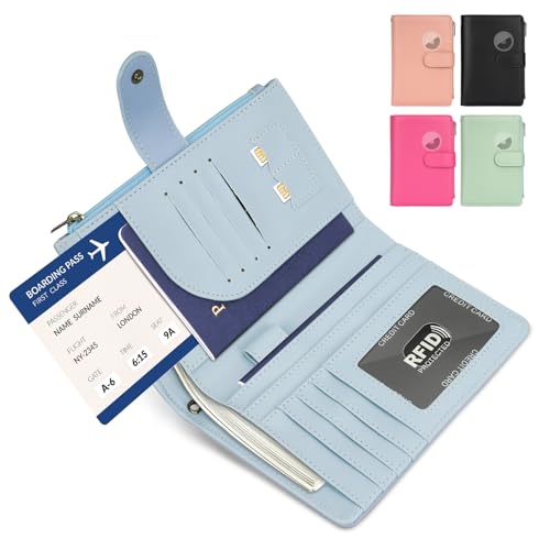 Kicoroiny RFID Passport Holder for Women/Men Travel Gifts, Large Capacity Passport Wallet, Family Travel Documents Organizer with Card/Airtag Slots, Zipper coin pocket, Cash Holder Passport Cover Case (Blue) - Image 1