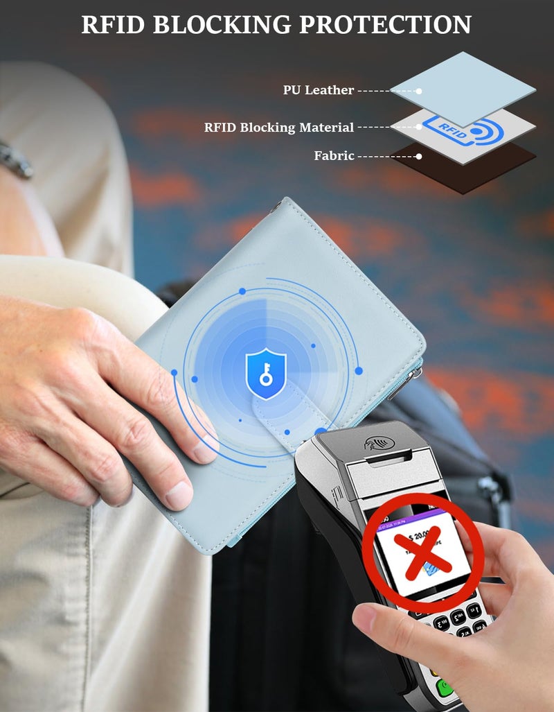 Kicoroiny RFID Passport Holder for Women/Men Travel Gifts, Large Capacity Passport Wallet, Family Travel Documents Organizer with Card/Airtag Slots, Zipper coin pocket, Cash Holder Passport Cover Case (Blue) - Image 2