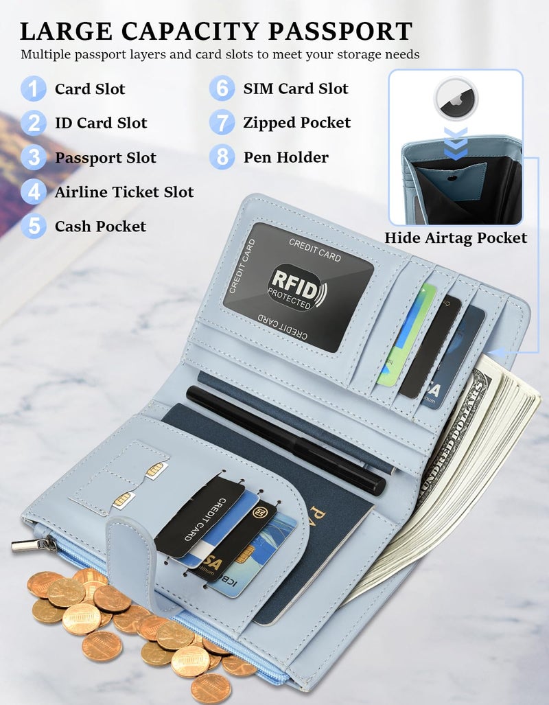 Kicoroiny RFID Passport Holder for Women/Men Travel Gifts, Large Capacity Passport Wallet, Family Travel Documents Organizer with Card/Airtag Slots, Zipper coin pocket, Cash Holder Passport Cover Case (Blue) - Image 5