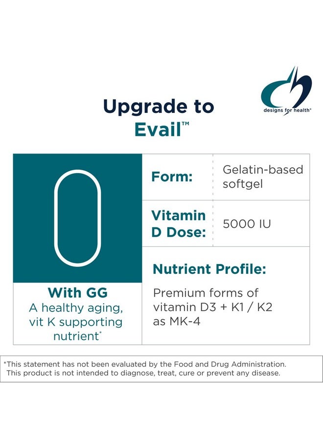 designs for health - Devail Supreme 5000 Iu Vitamin D3 Supplement With Vit K (K1 K2 As Mk4) + Gg Bone Cardiovascular + Immune Support Improved Bioavailability (60 Softgels) - Image 1