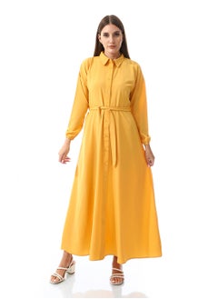Andora Self Pattern Dress With Belt_Mustard  - Image 1