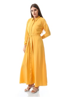 Andora Self Pattern Dress With Belt_Mustard  - Image 2