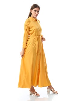 Andora Self Pattern Dress With Belt_Mustard  - Image 3