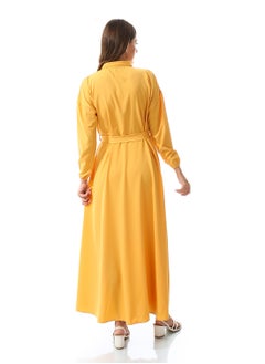 Andora Self Pattern Dress With Belt_Mustard  - Image 4