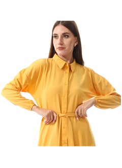 Andora Self Pattern Dress With Belt_Mustard  - Image 5