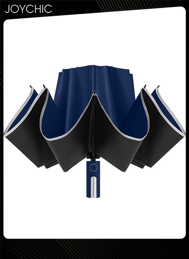 Joychic One Button Automatic Windproof Rainproof Portable Folding Reverse Umbrella For Adults Dark Blue - Image 3