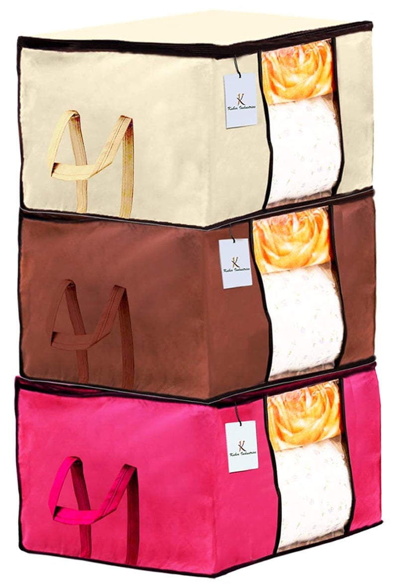 Kuber Industries Underbed Storage Bag Blanket Cover Ivory Pink Dark Brown Extra Large CTKTC23893 Set of 3 - Image 1