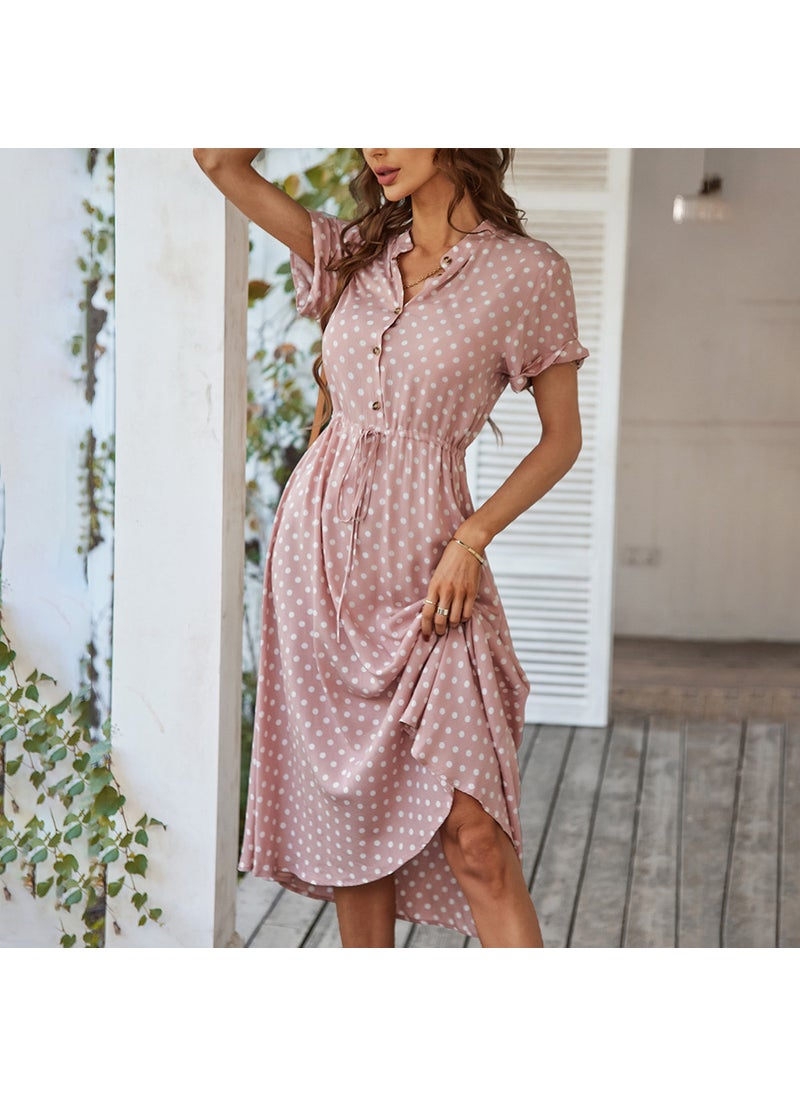 Generic - New Summer Polka Dot Maxi Dress Shirt Collar Womens Fashion Elegant Commute High Waist Short Sleeve Floral Print V-neck Dress Pink - Image 1