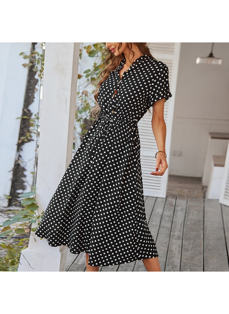 Generic - New Summer Polka Dot Maxi Dress Shirt Collar Womens Fashion Elegant Commute High Waist Short Sleeve Floral Print V-neck Dress Pink - Image 1