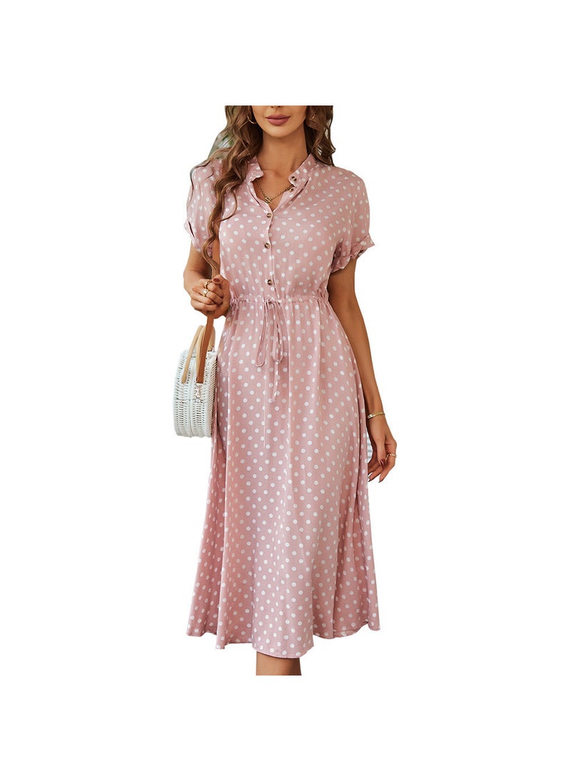Generic - New Summer Polka Dot Maxi Dress Shirt Collar Womens Fashion Elegant Commute High Waist Short Sleeve Floral Print V-neck Dress Pink - Image 1