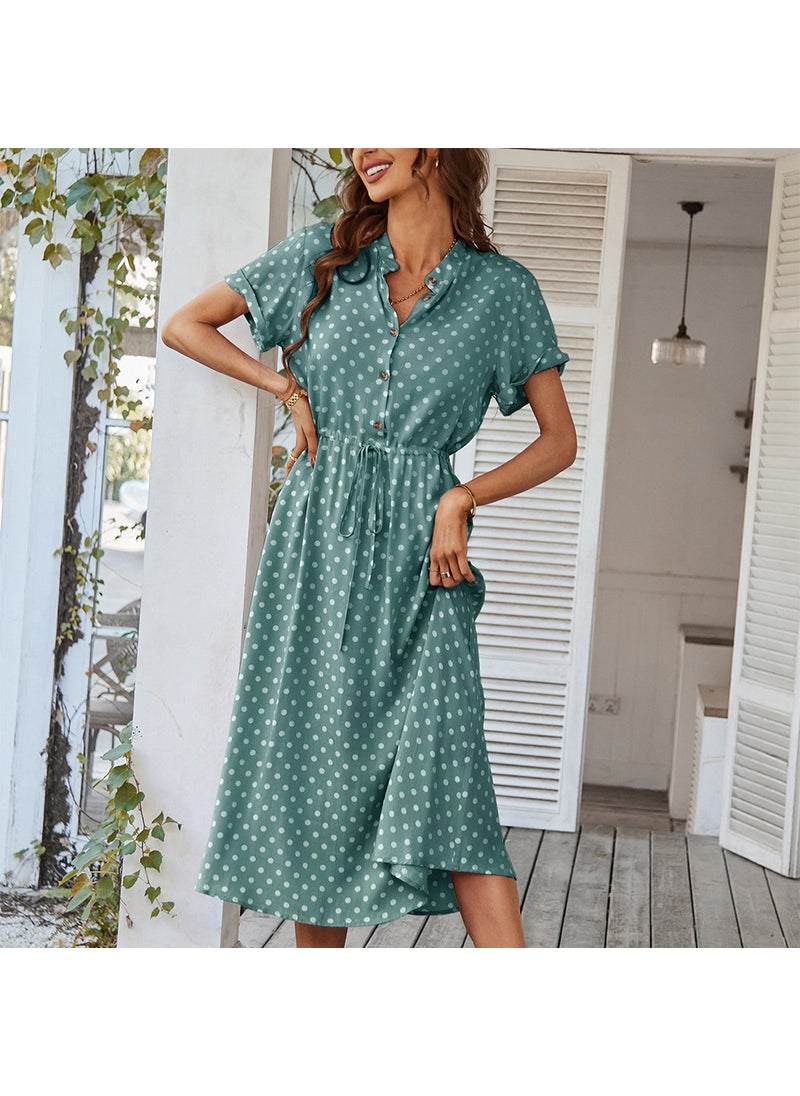 Generic - New Summer Polka Dot Maxi Dress Shirt Collar Womens Fashion Elegant Commute High Waist Short Sleeve Floral Print V-neck Dress Pink - Image 1