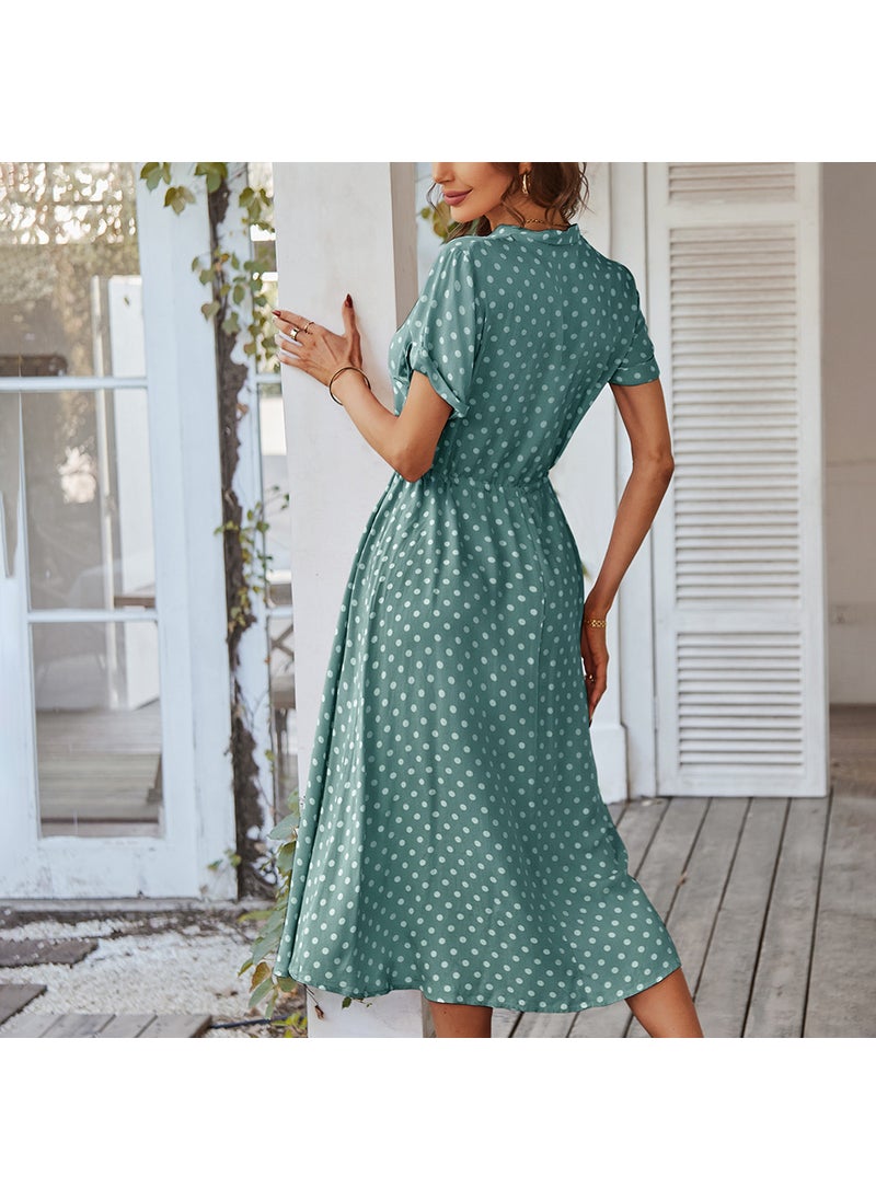 Generic - New Summer Polka Dot Maxi Dress Shirt Collar Womens Fashion Elegant Commute High Waist Short Sleeve Floral Print V-neck Dress Pink - Image 1