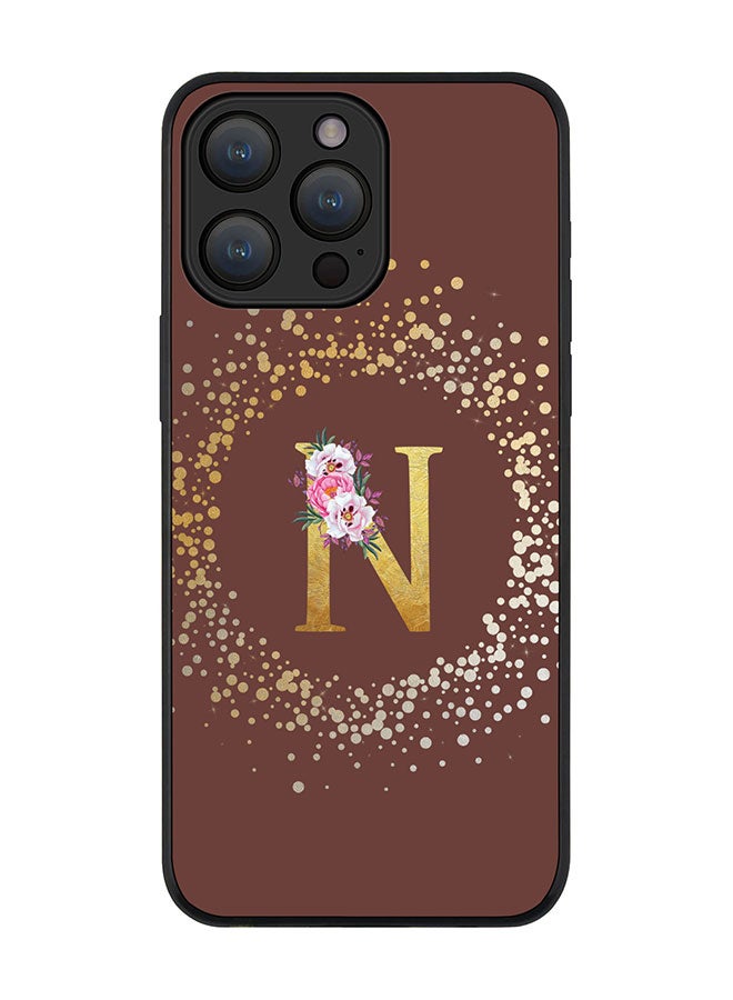 Stylizedd Cover for iPhone 15 Pro Case Rugged Black Slim fit Flexible Protective Phone CasesCustom Monogram Initial Letter Floral Pattern Alphabet - N (Brown) - Image 1