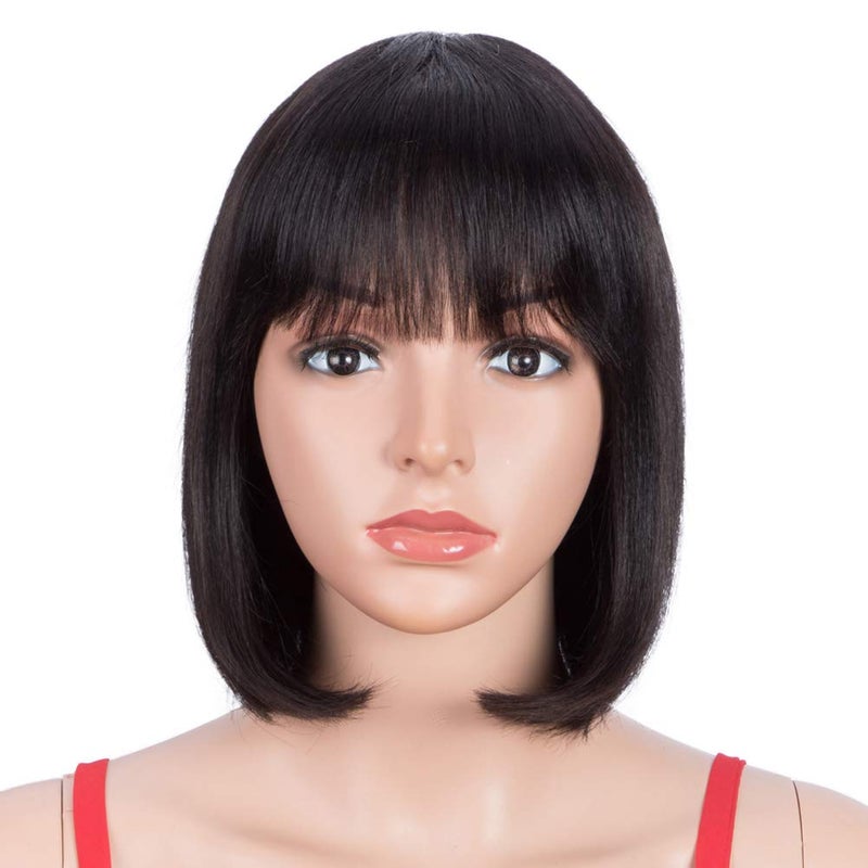 Spotlight 8 Inch Straight Bob Wig with Bangs Human Hair 180 Density Short Bob Human Hair Wigs with Bangs None Lace Front Wigs Brazilian Straight Hair Wig for Black Women Natural Black