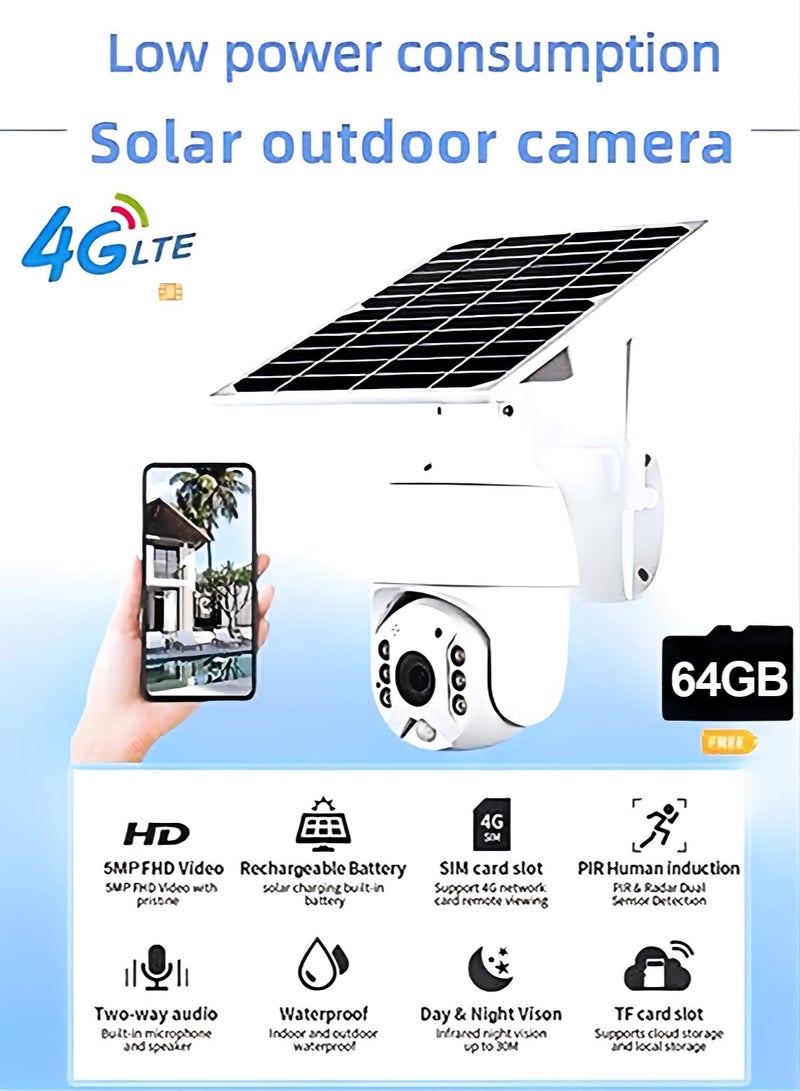 4G Solar Camera with 64G Memory Card  4G LTE SIM Card IP Security Camera 8 MP CCTV Camera Outdoor 1080P Night Vision PTZ Color IR Night Vision Dual Sensor Motion Detection Tilt Surveillance Camera System - Image 1