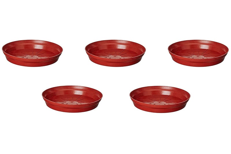 Leafy Tales Planter Bottom Plate/ Gamla Dripping Tray, Terracotta Color Plastic pots | (10-inch, Brown, Pack of 5) - Image 1