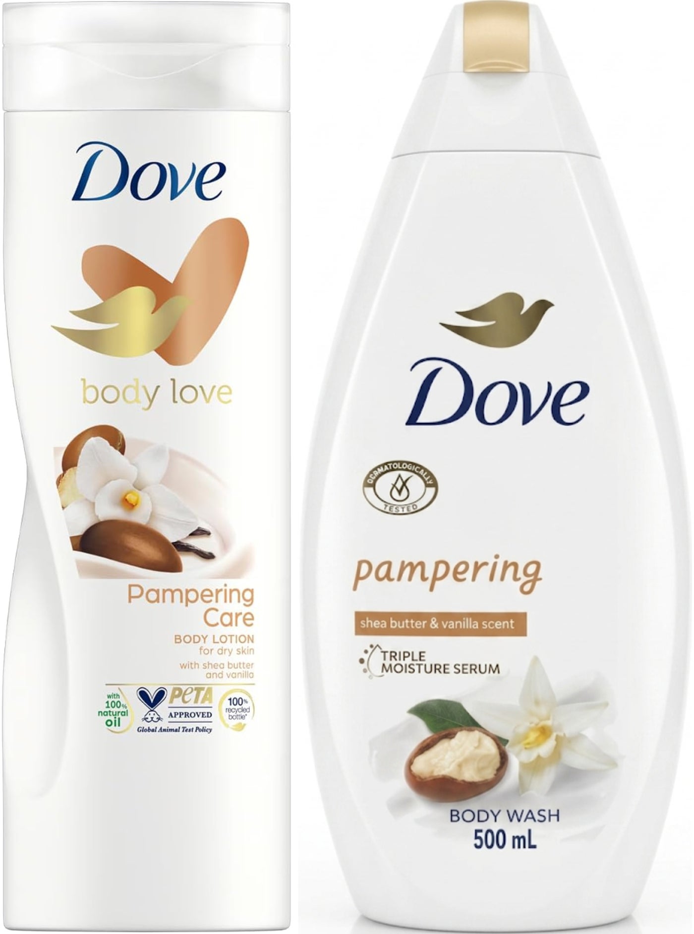 Dove Body Love Pampering Care Set - Shea Butter & Warm Vanilla Body Lotion 400ML and Nourishing Body Wash 500ML for Dry Skin