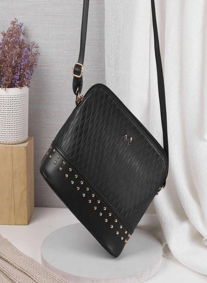 Metro Women Black Faux Leather Sling Bag with Adjustable Sling and Studded Detailing (66-533) - Image 2