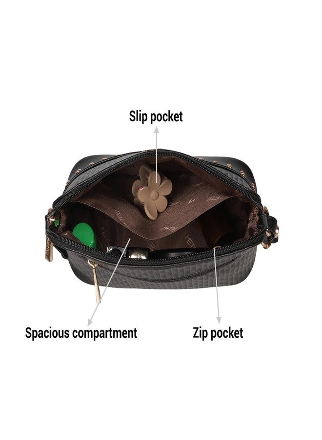 Metro Women Black Faux Leather Sling Bag with Adjustable Sling and Studded Detailing (66-533) - Image 5