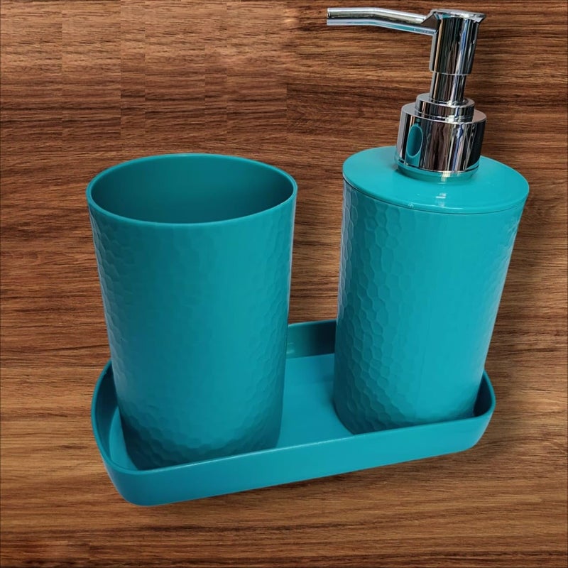 Magic Providers Textured Plastic Soap Dispenser (Set of 3) Bathroom Accessories Set, Soap Dispenser, Dish, Tumbler - Sky Blue - Image 1