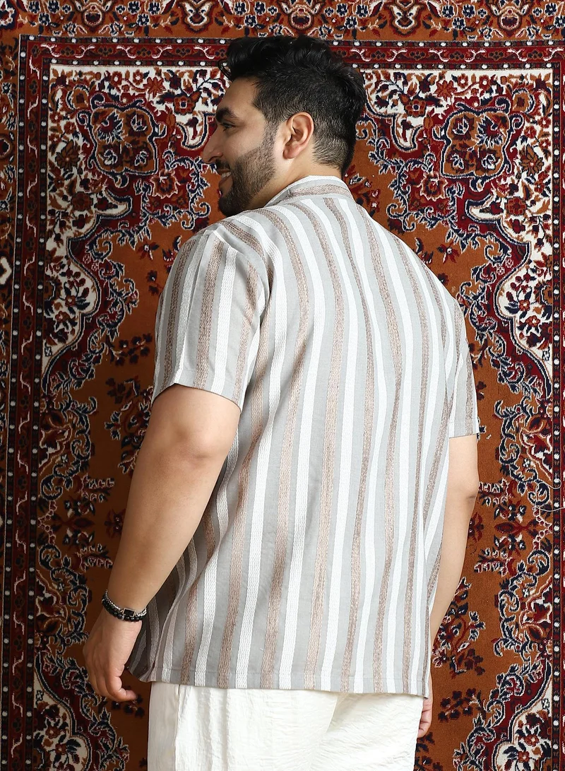 Instafab Plus  Instafab Plus Men's Coin Grey Tactile Candy-Stripe Cuban Shirt For Casual Wear | Cuban Collar | Short Regular Sleeves | Button Closure | Plus Size Shirt Crafted With Comfort Fit For Everyday Wear for Men | Best Price UAE