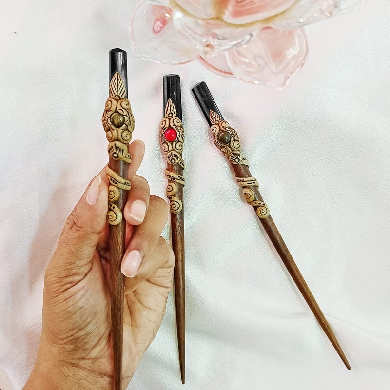 Shubhanjali Shubhanjali Black Tourmaline Wooden Hair Stick for Bun Stylish Hair Accessories for Women Juda Bun Hair Pins for Girls Ladies Fashion Bun Stick with Crystal Stone Pencil Point for Reiki Healing  - Image 4