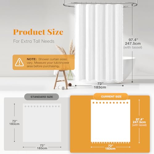 BTTN Extra Long Shower Curtain, 72x96 Inch Long Boho Chic Linen Fabric Weighted Shower Curtain Set with Plastic Hooks, Tall Modern Farmhouse Aesthetic Tassel Cloth Shower Curtain for Bathroom - White - Image 3