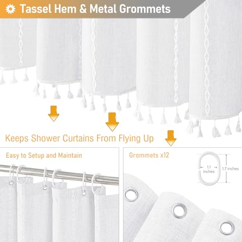 BTTN Extra Long Shower Curtain, 72x96 Inch Long Boho Chic Linen Fabric Weighted Shower Curtain Set with Plastic Hooks, Tall Modern Farmhouse Aesthetic Tassel Cloth Shower Curtain for Bathroom - White - Image 5