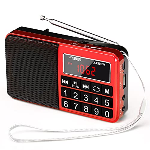 PRUNUS J-429 Small Radio, Pocket, AM FM SW USB Charging, Large Button, Neodymium Speaker, Auto Save, USB Flash Drive, SD Card AUX Input MP3, Shortwave for Elderly and Senior(Red) - Image 1