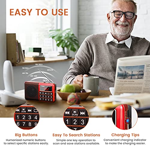 PRUNUS J-429 Small Radio, Pocket, AM FM SW USB Charging, Large Button, Neodymium Speaker, Auto Save, USB Flash Drive, SD Card AUX Input MP3, Shortwave for Elderly and Senior(Red) - Image 4