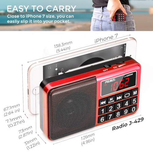 PRUNUS J-429 Small Radio, Pocket, AM FM SW USB Charging, Large Button, Neodymium Speaker, Auto Save, USB Flash Drive, SD Card AUX Input MP3, Shortwave for Elderly and Senior(Red) - Image 2