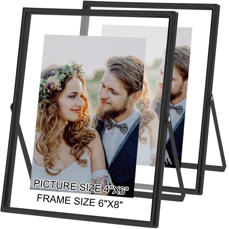 IZIDDO 4x6 Black Floating Picture Frame set of 2  Gift Metal Glass Photo Frames  Only for Tabletop Display Vertically (For Picture 3.5x5  2x3  1x2) - Image 1