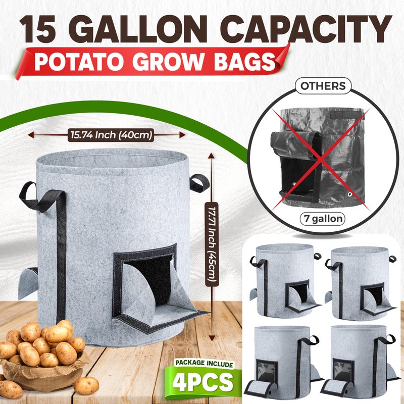 PAMAZY [Upgraded] 4Pcs 15-Gallon Potato Grow Bags with Unique Harvest Window, Visible Window, Garden Planting Bag with Reinforced Handle, Nonwoven Fabric Pots for Tomato, Potato Growing Container - Grey - Image 5