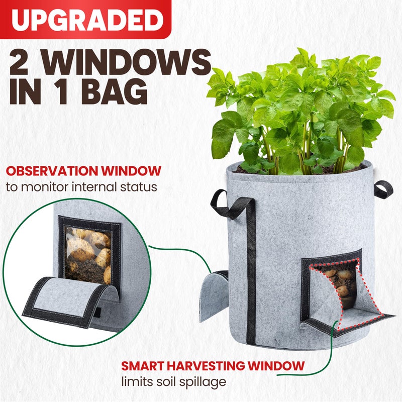 PAMAZY [Upgraded] 4Pcs 15-Gallon Potato Grow Bags with Unique Harvest Window, Visible Window, Garden Planting Bag with Reinforced Handle, Nonwoven Fabric Pots for Tomato, Potato Growing Container - Grey - Image 2