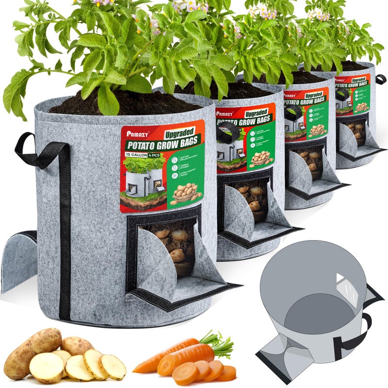 PAMAZY [Upgraded] 4Pcs 15-Gallon Potato Grow Bags with Unique Harvest Window, Visible Window, Garden Planting Bag with Reinforced Handle, Nonwoven Fabric Pots for Tomato, Potato Growing Container - Grey - Image 1