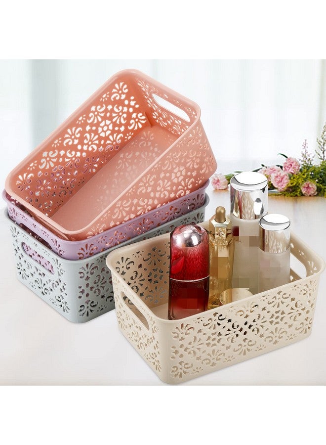 Frcctre 8 Pack Plastic Storage Baskets With Handle, Portable Hollow Desktop Storage Baskets, Stackable Organize Bins For Home, Bathroom, Classrooms, Office, School, Flower Pattern - Image 4