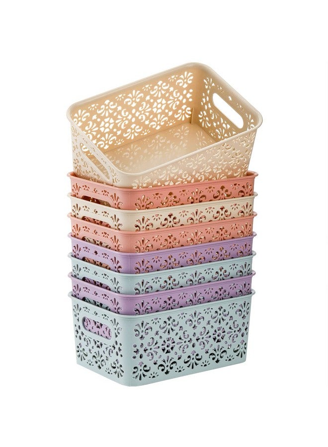 Frcctre 8 Pack Plastic Storage Baskets With Handle, Portable Hollow Desktop Storage Baskets, Stackable Organize Bins For Home, Bathroom, Classrooms, Office, School, Flower Pattern - Image 3