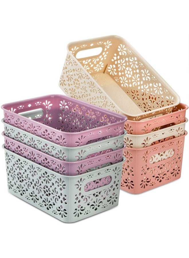 Frcctre 8 Pack Plastic Storage Baskets With Handle, Portable Hollow Desktop Storage Baskets, Stackable Organize Bins For Home, Bathroom, Classrooms, Office, School, Flower Pattern - Image 1